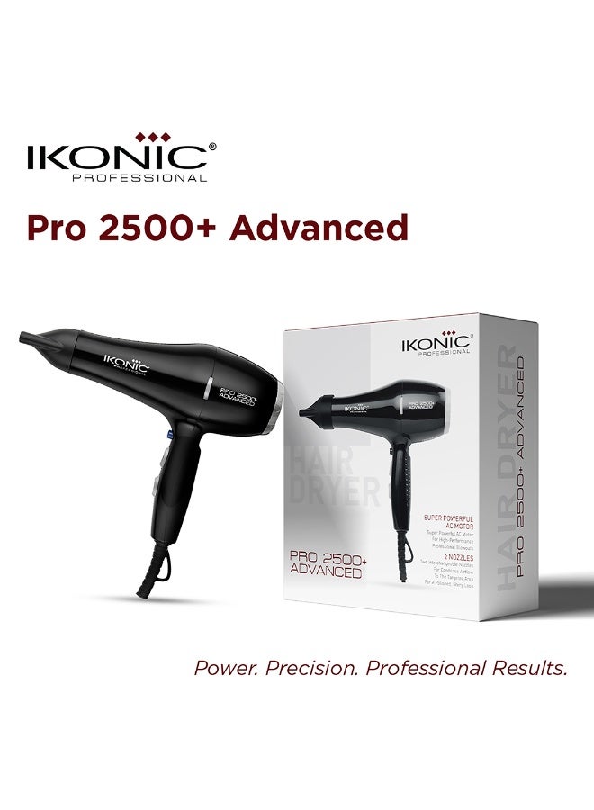 أي كونيك مجفف شعر احترافي متطور Ikonic Professional 2500+، باللون الأسود، قدرة مزدوجة 2400–2800 واط، محرك AC بسرعة 23,000 دورة في الدقيقة، تقنية الأيونات للتحكم في التجعد، 3 إعدادات للحرارة و2 إعدادات للسرعة، زر هواء بارد (Cool Shot)، فوهتان للتصفيف، حماية من ارتفاع درجة الحرارة، مناسب لجميع أنواع الشعر. - Image 2